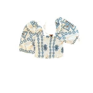 Kasia White Blue Embroidered Smocked Puff Sleeve Crop Top Women's XL